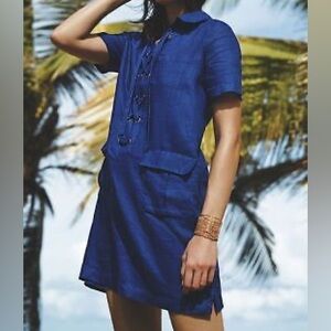 Anthropologie Maeve 100% Linen Blue Lace Up Pockets Short Sleeve Shift Dress 2
